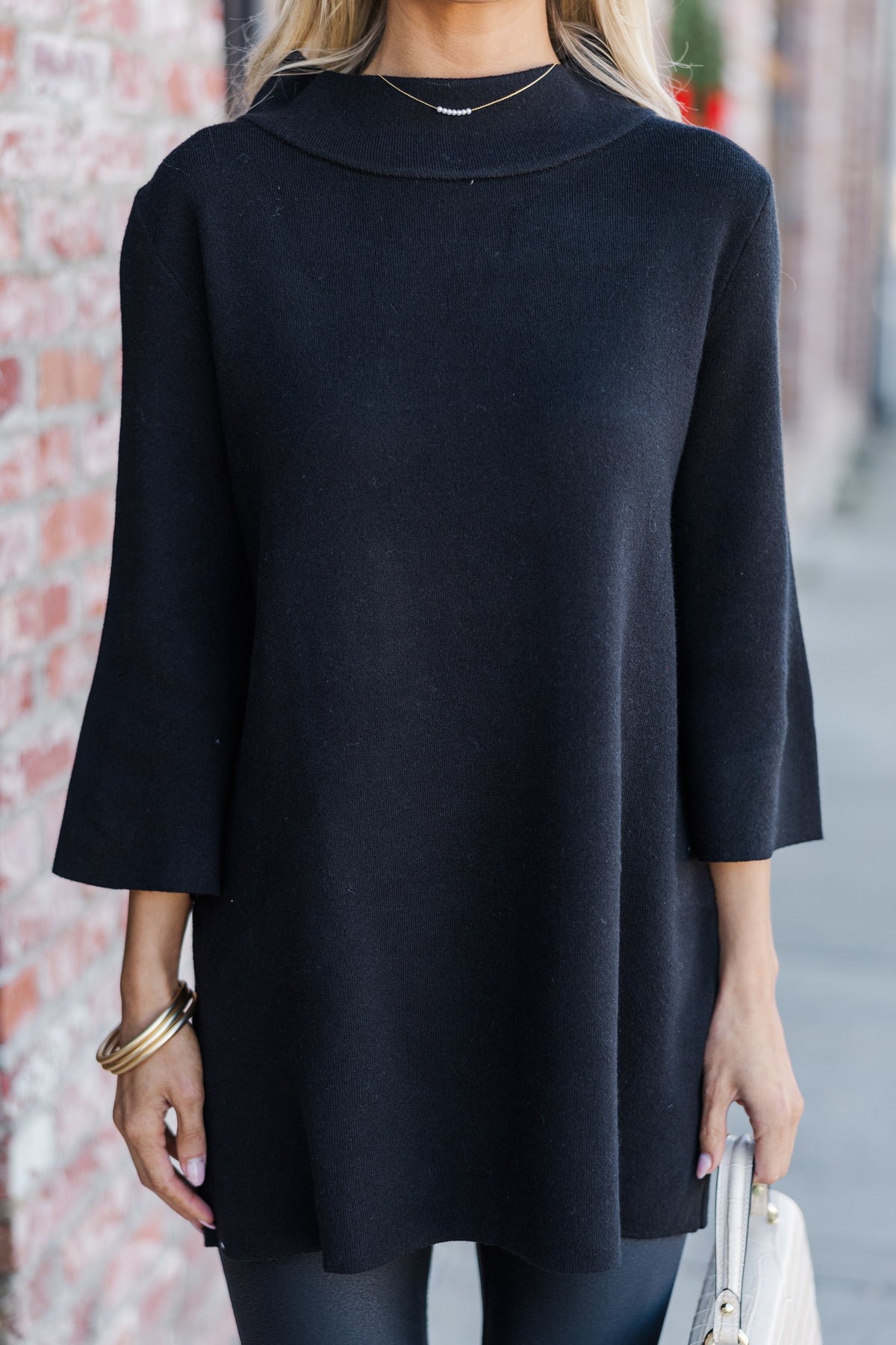 HZSONNE Women's Mock Neck Puff Sleeve Pullover Sweater - Lantern Cuff Knitted Tunic Top (Black, Small) - View #4