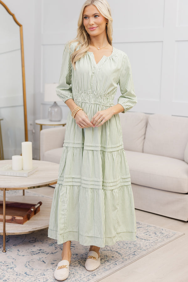 NURSING COLLECTION: It's In The Air Olive Green Striped Tiered Midi Dress