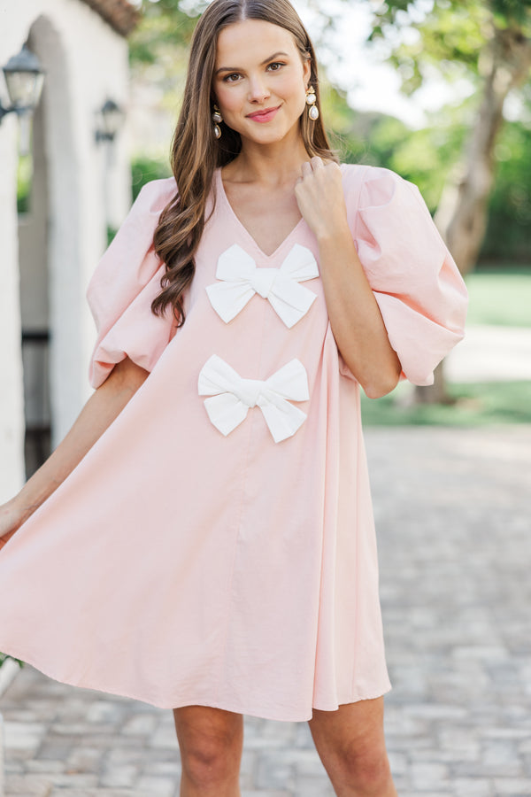 pink dress with bow sleeves Pink Silk Crepe Bias Dress With Black Velvet Bow Detail