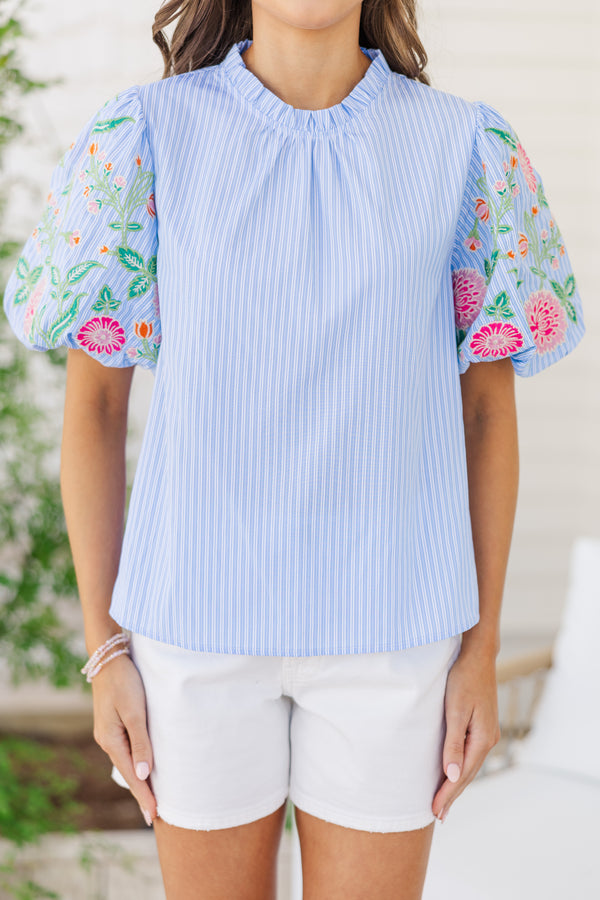 THML: On The Way Light Blue Embroidered Blouse