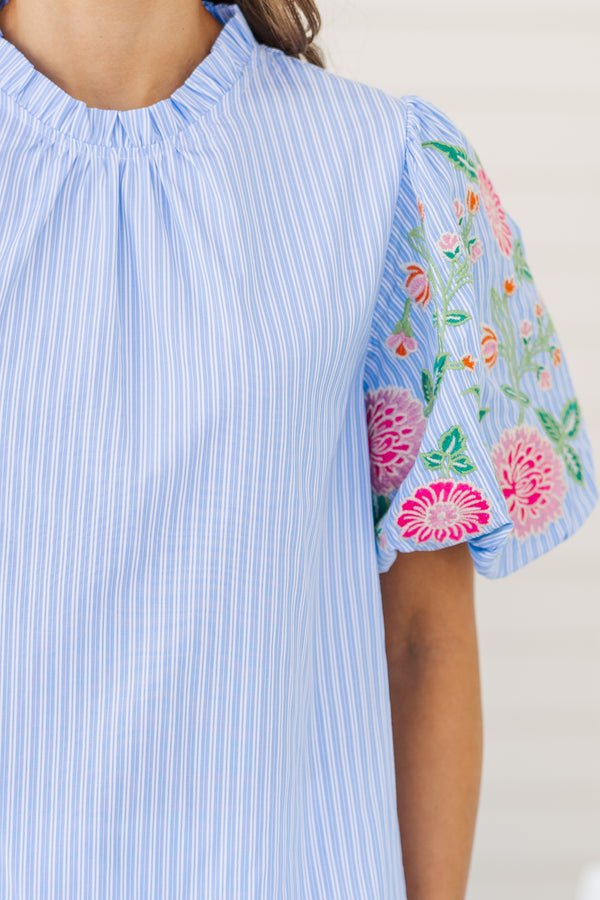 THML: On The Way Light Blue Embroidered Blouse