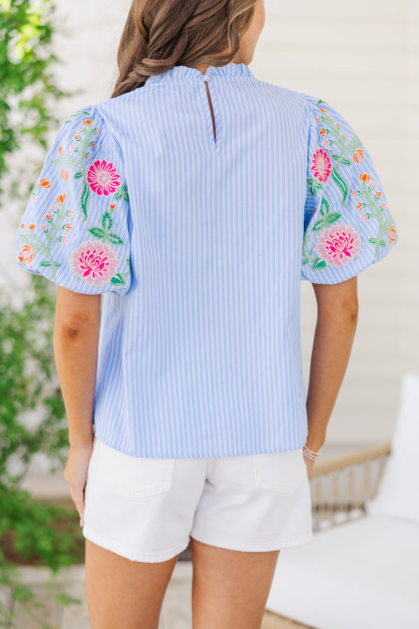 THML: On The Way Light Blue Embroidered Blouse