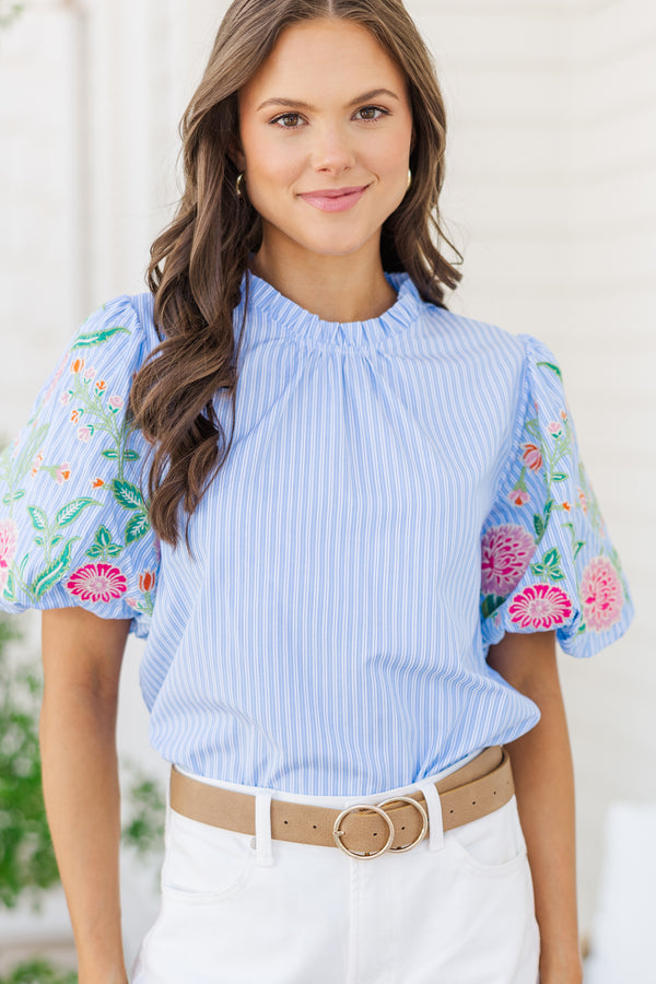 THML: On The Way Light Blue Embroidered Blouse