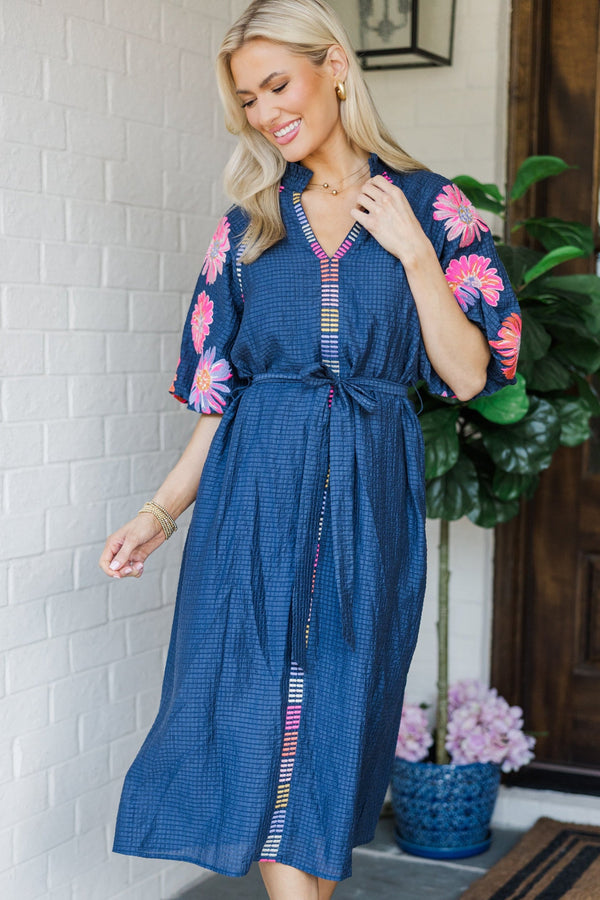 navy blue pattern dress Navy Blue Floral Print Smocked Long Sleeve Mini Dress | Womens | Small (Available in M, L) | 100% Polyester