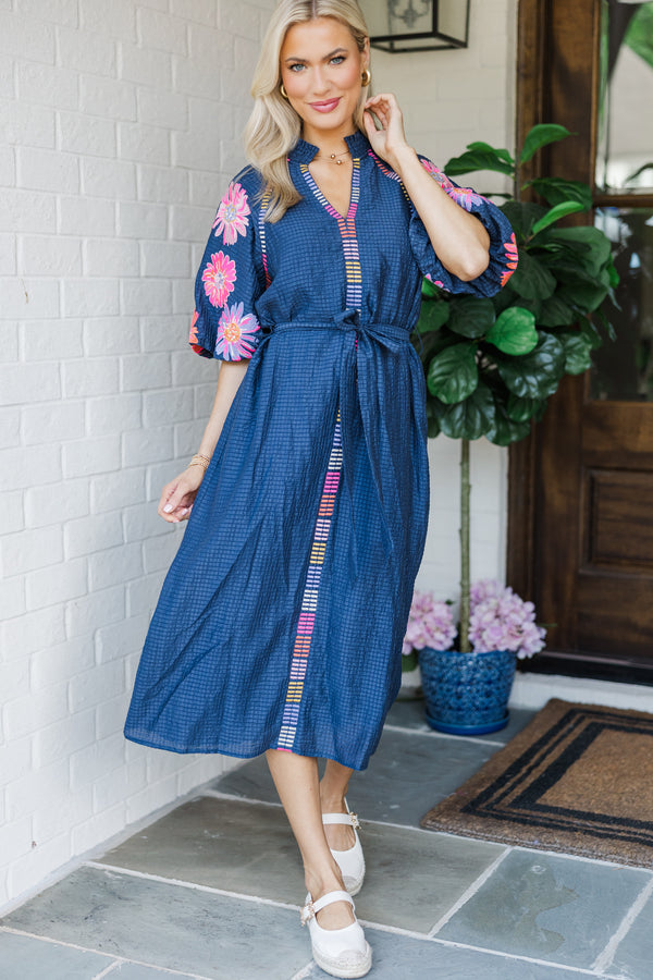 THML: The Consistency Navy Blue Embroidered Midi Dress Shop the Mint THML: The Consistency Navy Blue Embroidered Midi Dress Shop the Mint