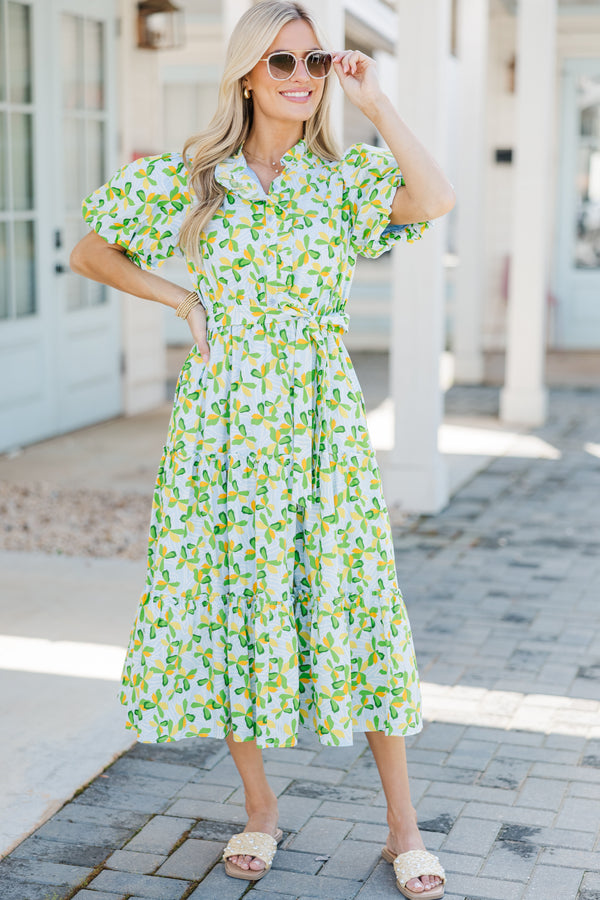green and blue abstract dress Green Principles Abstract Print Puff Sleeve Pleated Midi Dress