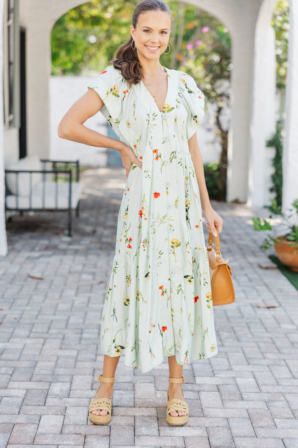 mint floral midi dress Women's Blooming in Watercolor Mint Green Floral Tie Strap Midi Dress | Size: S