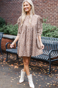 Oh So Thankful Butterscotch Brown Ditsy Floral 3/4 Sleeve Dress