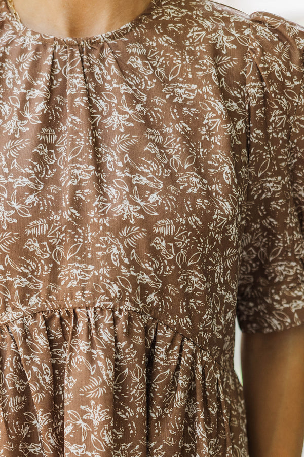 Oh So Thankful Butterscotch Brown Ditsy Floral 3/4 Sleeve Dress