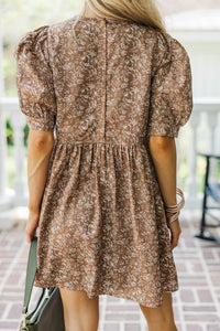 Oh So Thankful Butterscotch Brown Ditsy Floral 3/4 Sleeve Dress