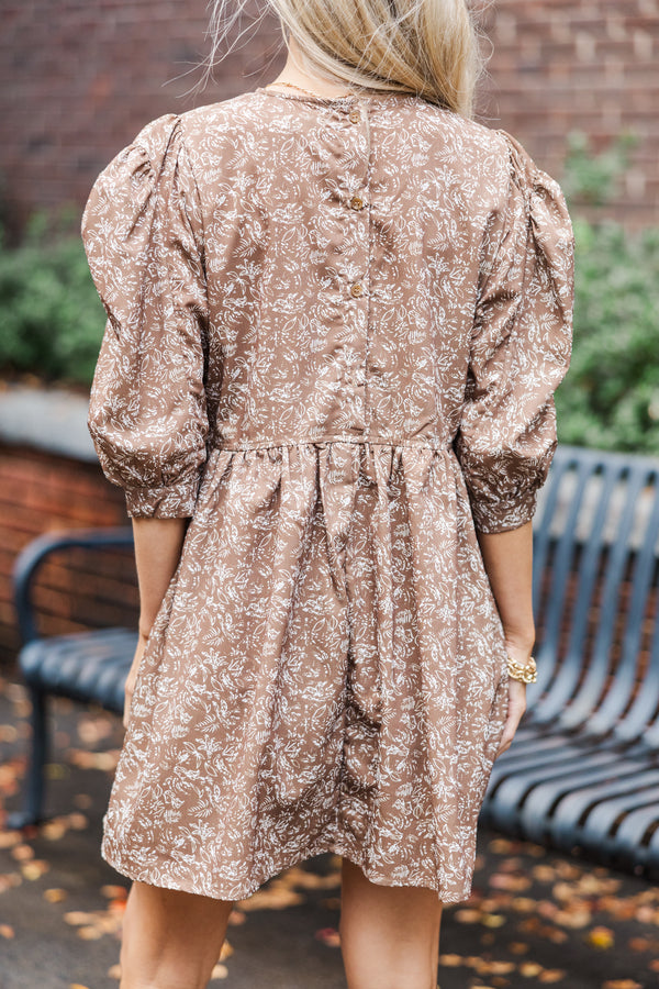 Oh So Thankful Butterscotch Brown Ditsy Floral 3/4 Sleeve Dress