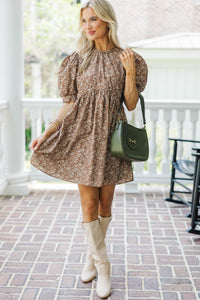 Oh So Thankful Butterscotch Brown Ditsy Floral 3/4 Sleeve Dress