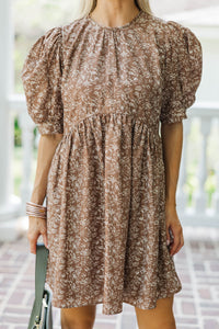Oh So Thankful Butterscotch Brown Ditsy Floral 3/4 Sleeve Dress