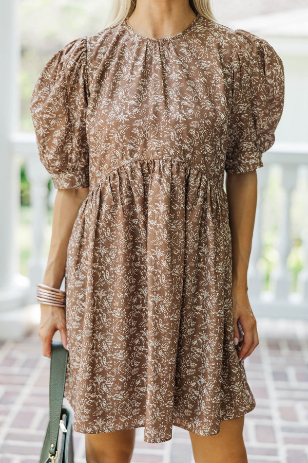 Oh So Thankful Butterscotch Brown Ditsy Floral 3/4 Sleeve Dress
