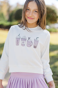 Girls: Coffee Break White Graphic Sweatshirt