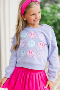 Girls: Be Happy Lavender Graphic Sweatshirt