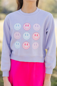 Girls: Be Happy Lavender Graphic Sweatshirt