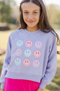 Girls: Be Happy Lavender Graphic Sweatshirt