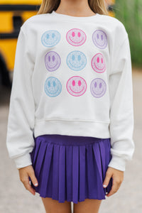 Girls: Be Happy White Graphic Sweatshirt