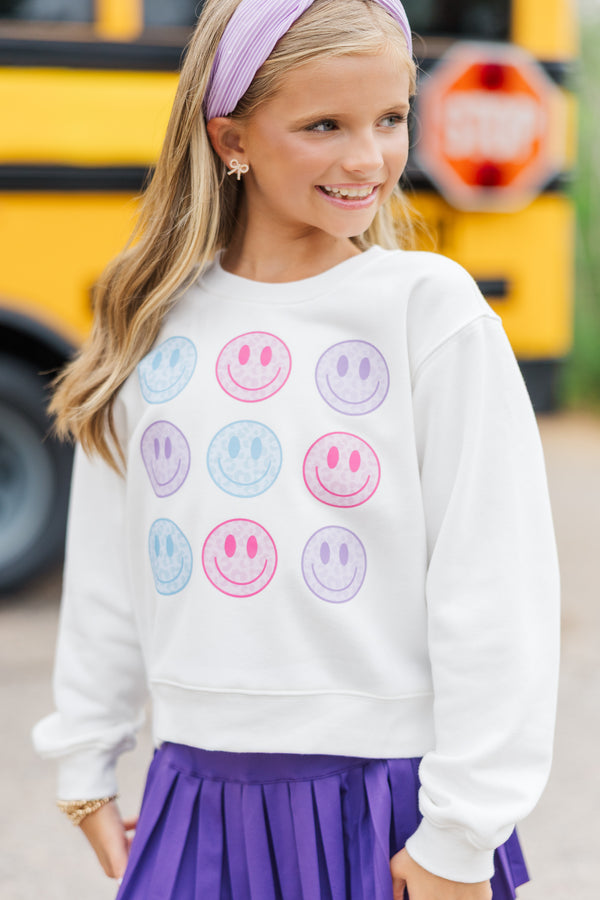 Girls: Be Happy White Graphic Sweatshirt