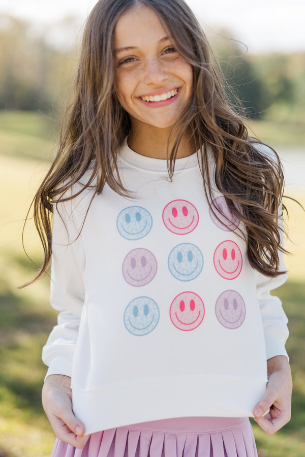 Girls: Be Happy White Graphic Sweatshirt