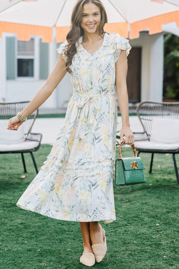 beige floral midi dress Beige Floral Short Sleeve Round Neck Folds Midi Dress