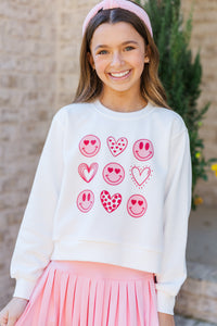 Girls: Hearts and Smiles White Graphic Sweatshirt