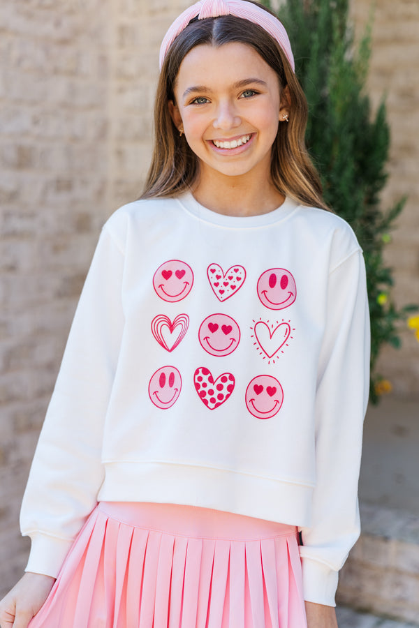 Girls: Hearts and Smiles White Graphic Sweatshirt