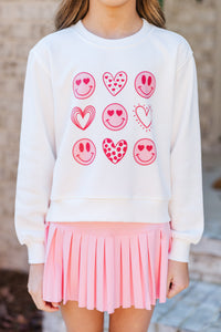 Girls: Hearts and Smiles White Graphic Sweatshirt