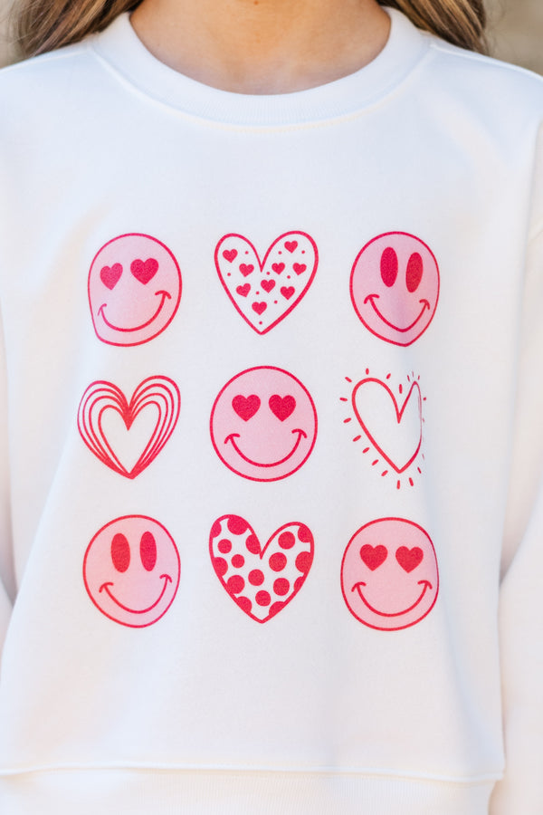 Girls: Hearts and Smiles White Graphic Sweatshirt