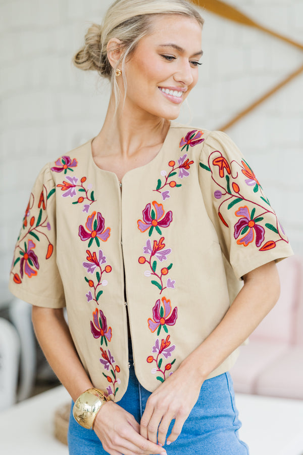 All The Charm Taupe Embroidered Jacket