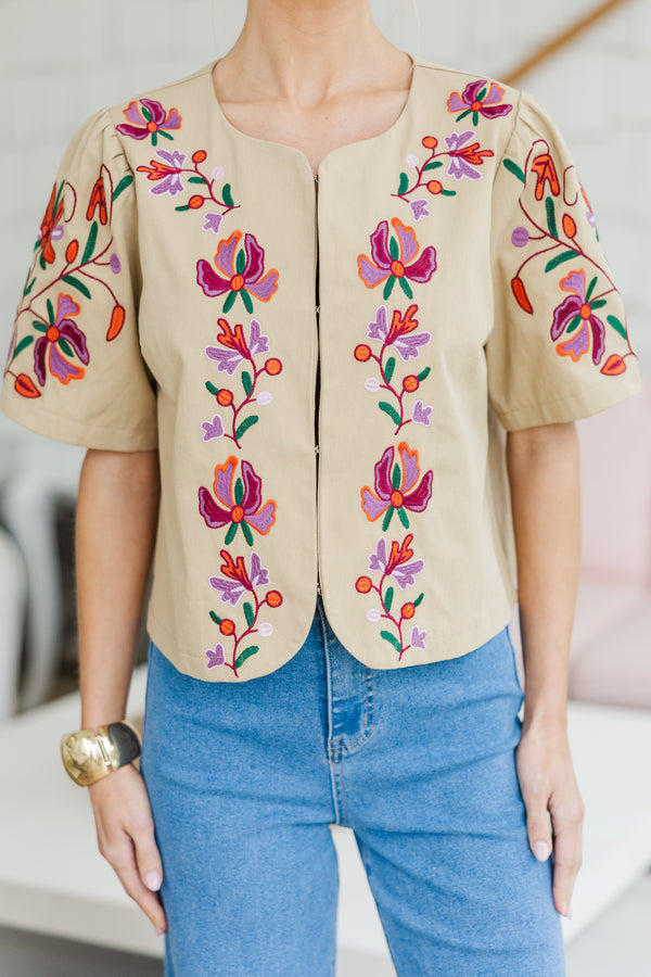 All The Charm Taupe Embroidered Jacket