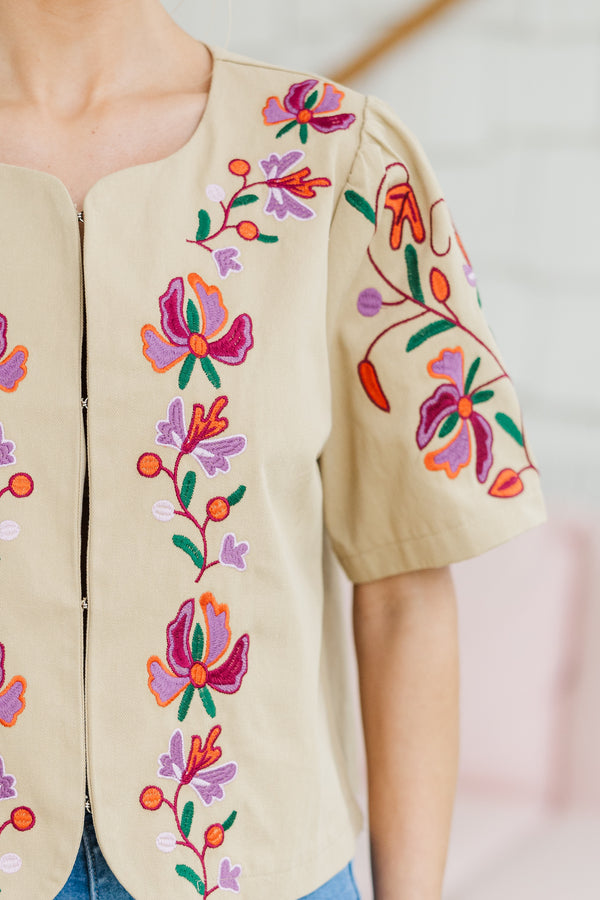 All The Charm Taupe Embroidered Jacket