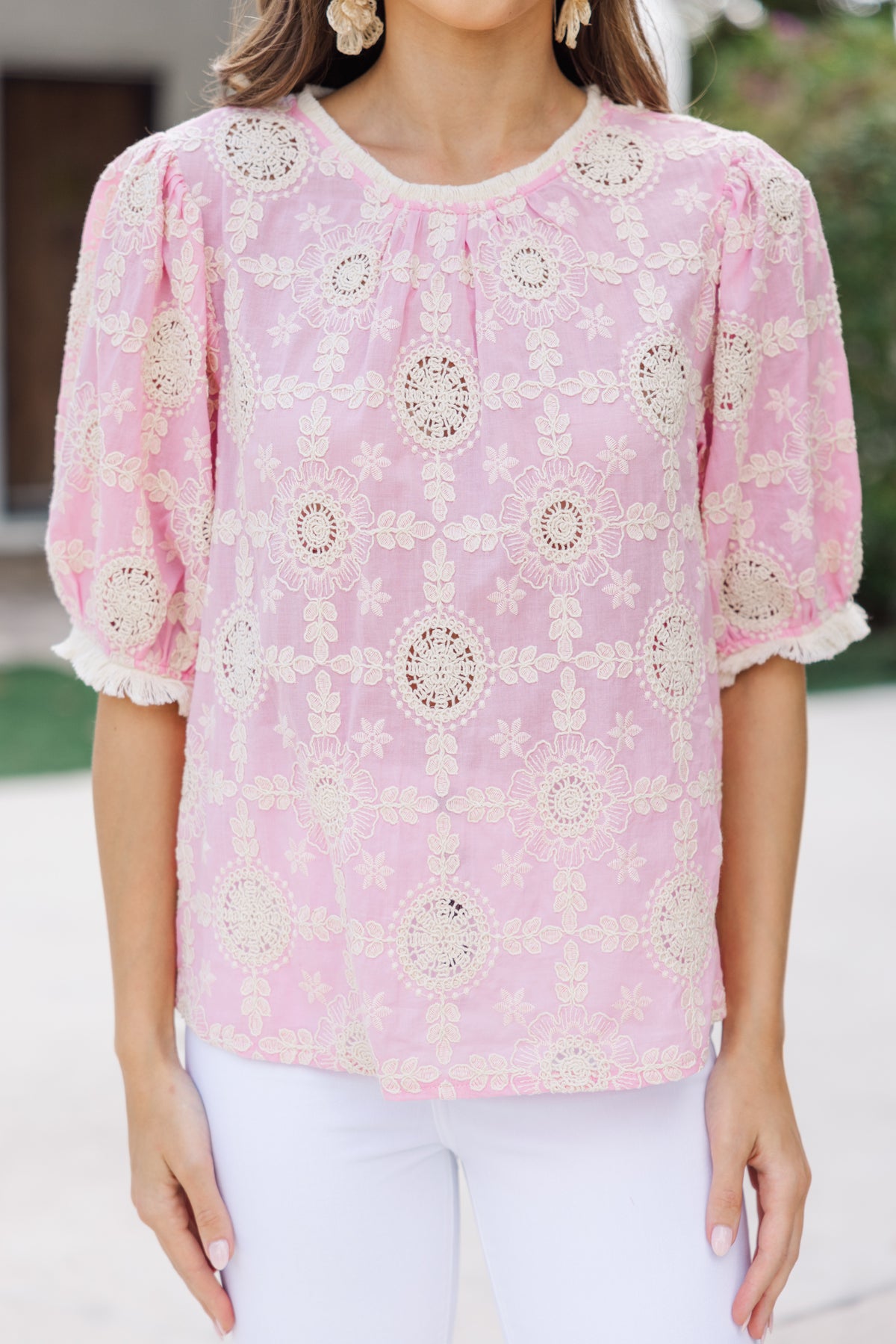 Analogie Pintuck Collar Blouse Short Sleeve - Bud Pink (Embroidered Linen Collection) main image 0