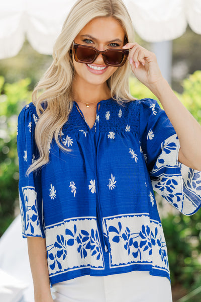 White Royal Blue Ladies Shirt Coming Out Royal Blue Floral Blouse