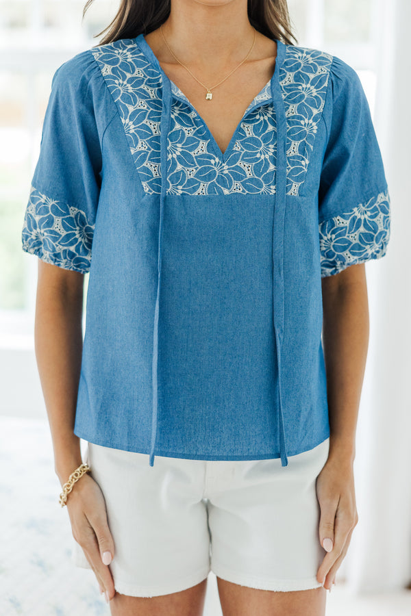 Make Your Case Blue Embroidered Blouse