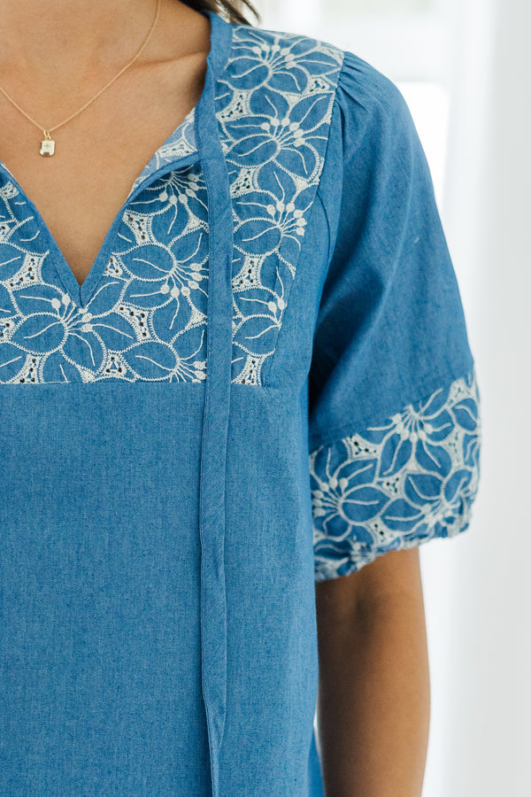 Make Your Case Blue Embroidered Blouse
