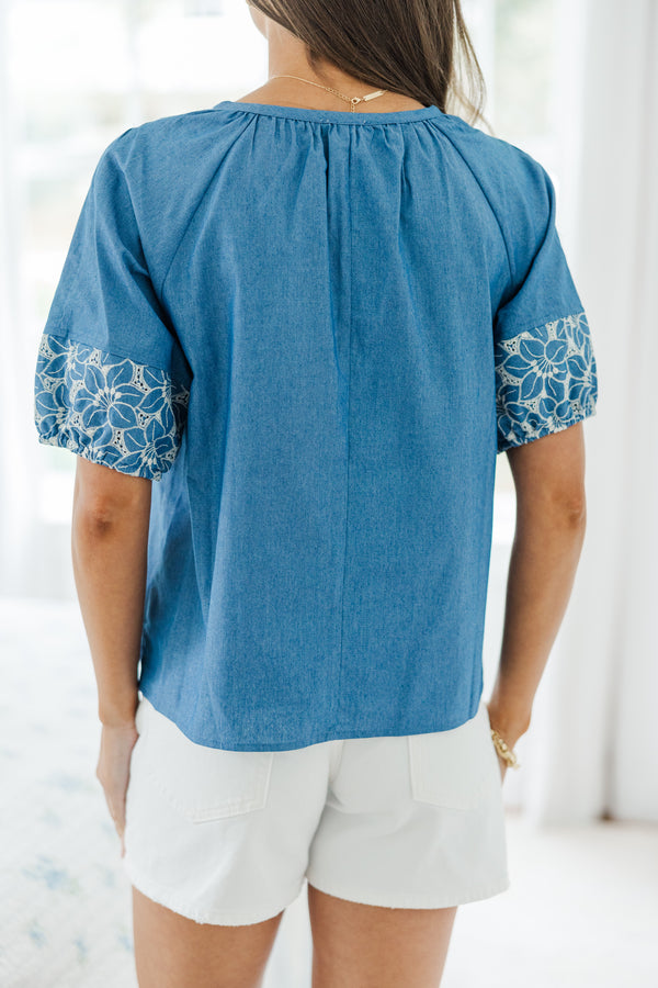 Make Your Case Blue Embroidered Blouse