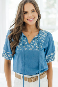 Make Your Case Blue Embroidered Blouse
