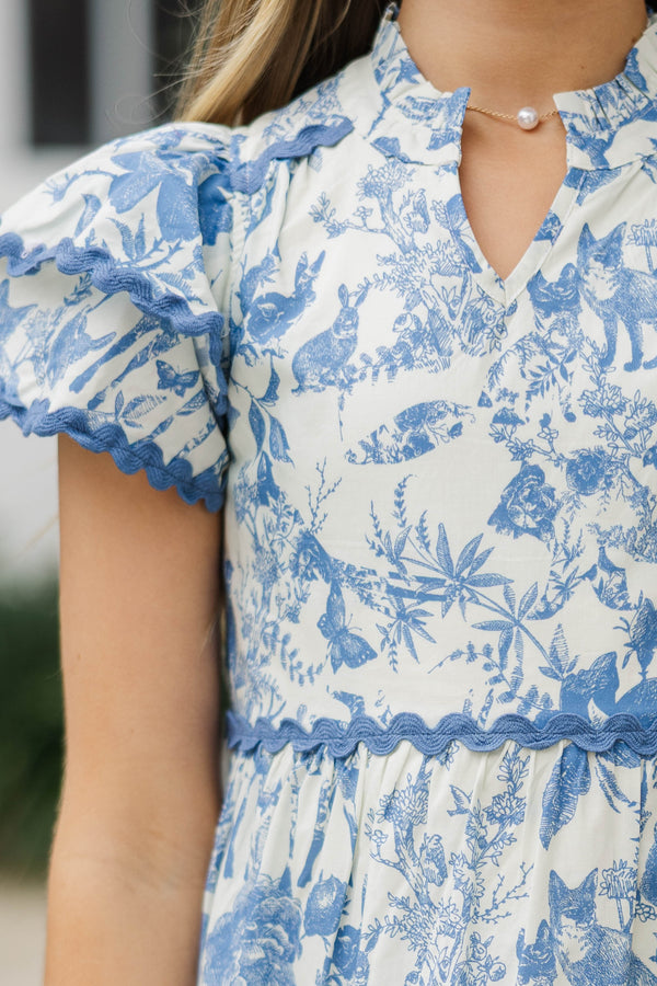 Girls: Come For It Blue Toile Babydoll Dress