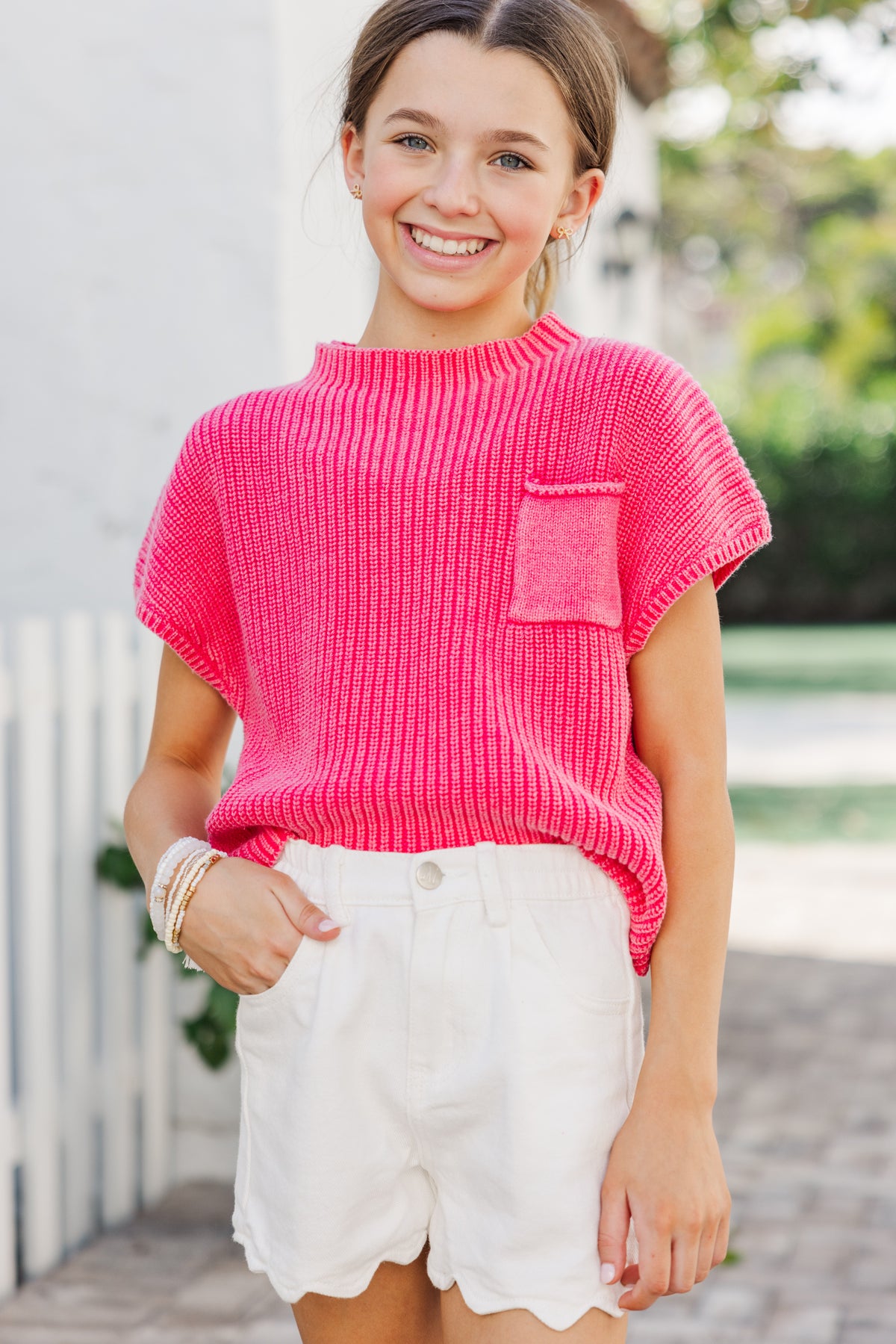 Girls: Think It Through Fuchsia Pink Short Sleeve Sweater – Shop