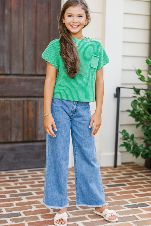 Girls: Think It Through Kelly Green Short Sleeve Sweater