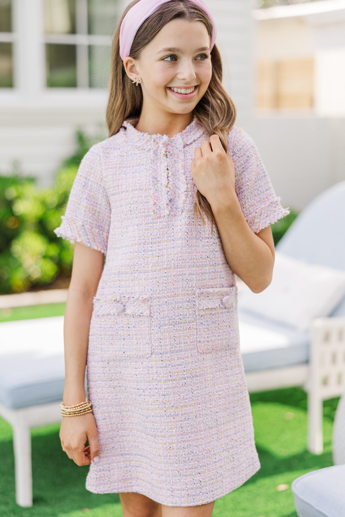 【今期販売中】ヘリンドットサイ　Switting drawst dress Girls: The Dorothy Pink Tweed Fringe Dress – Shop the Mint