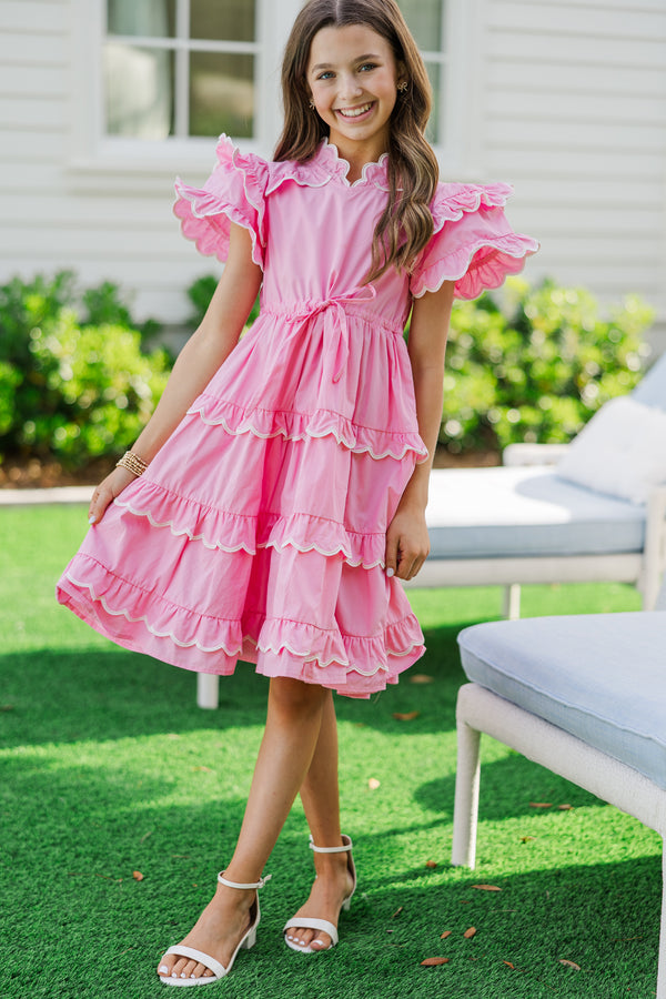 pink scalloped dress Rosa Scalloped Button Twill Mini Dress