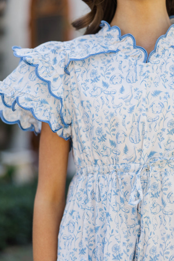 Girls: The Tatum Light Blue Toile Scalloped Midi Dress