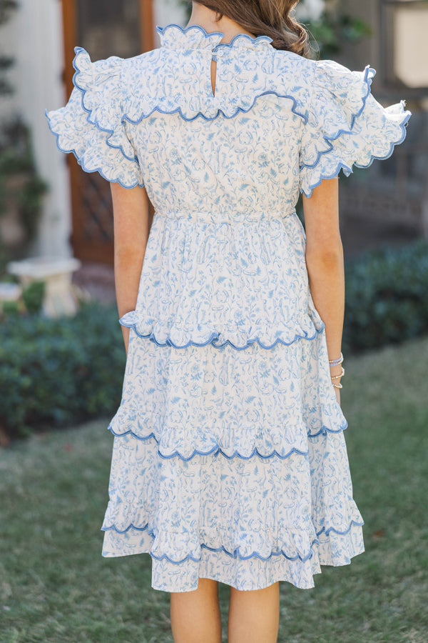 Girls: The Tatum Light Blue Toile Scalloped Midi Dress