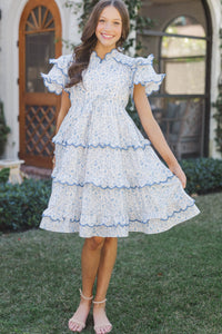 Girls: The Tatum Light Blue Toile Scalloped Midi Dress