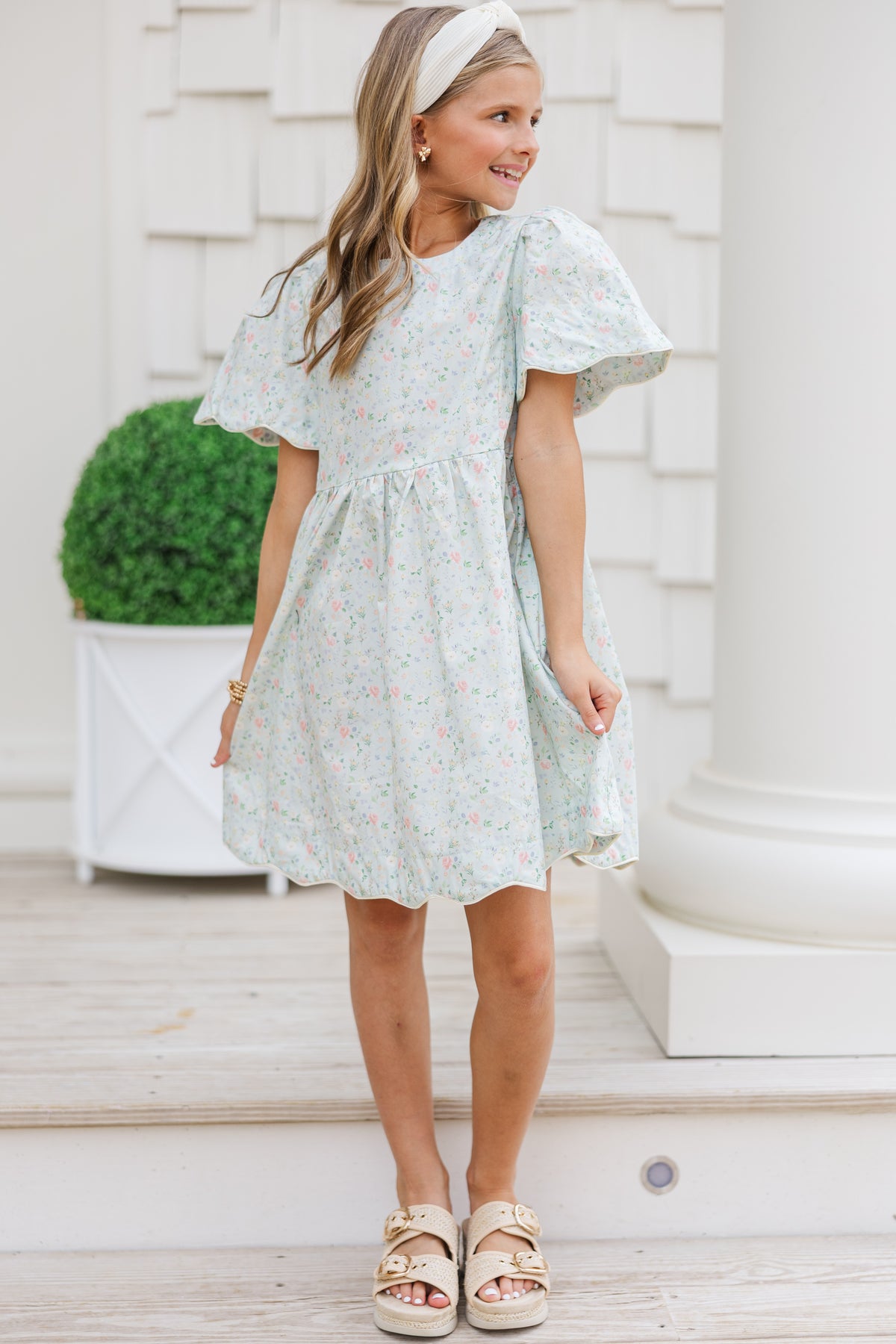 Girls: Time Goes By Sage Green Floral Scalloped Dress – Shop the Mint