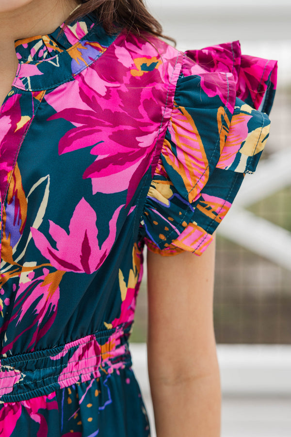 Girls: Wild Love Teal Floral Romper
