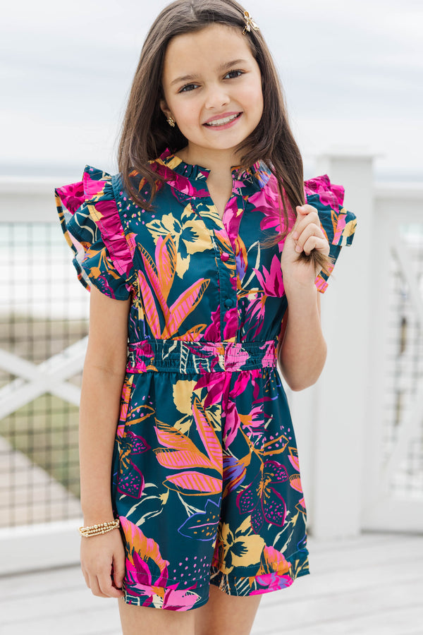 Girls: Wild Love Teal Floral Romper